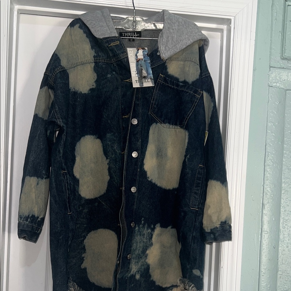 Thrill Patchwork Denim Jacket with Gray Hood NWT - image 3